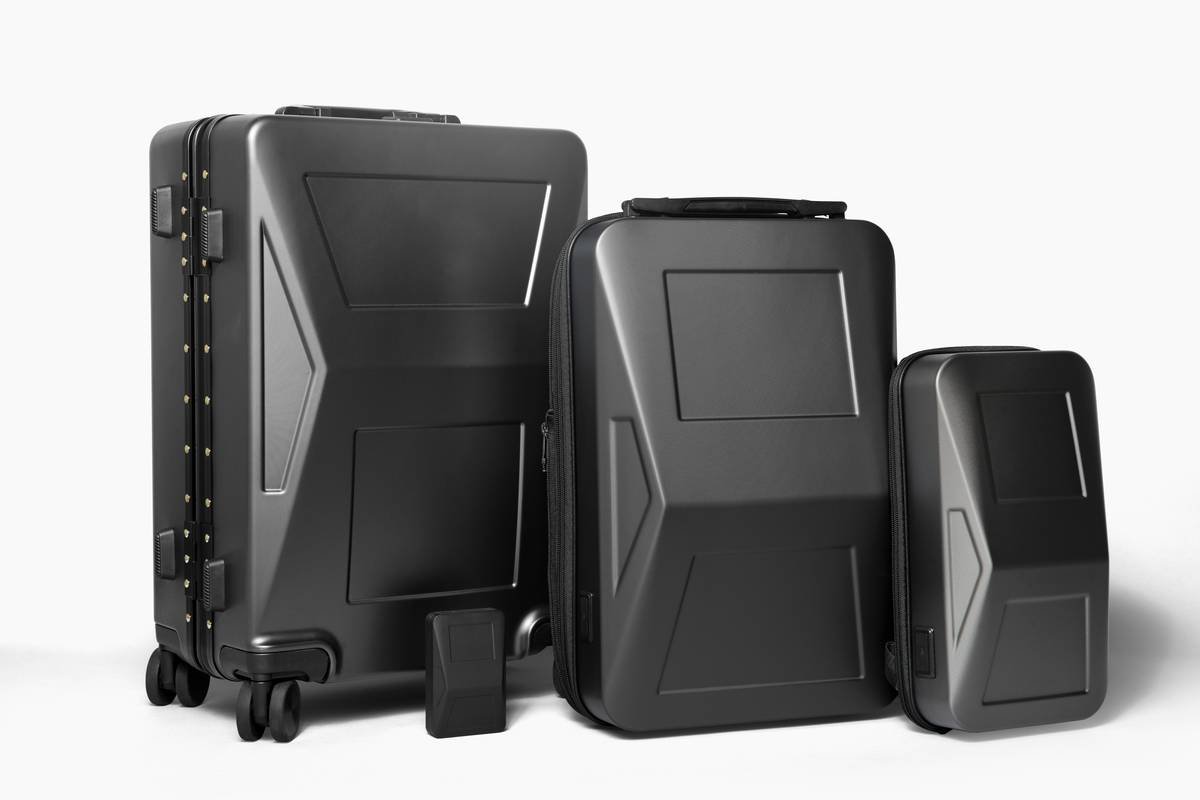 Side-by-side comparison: traditional expandable suitcase bulging at seams vs. travel flex modular bag with detached pods maintaining clean lines