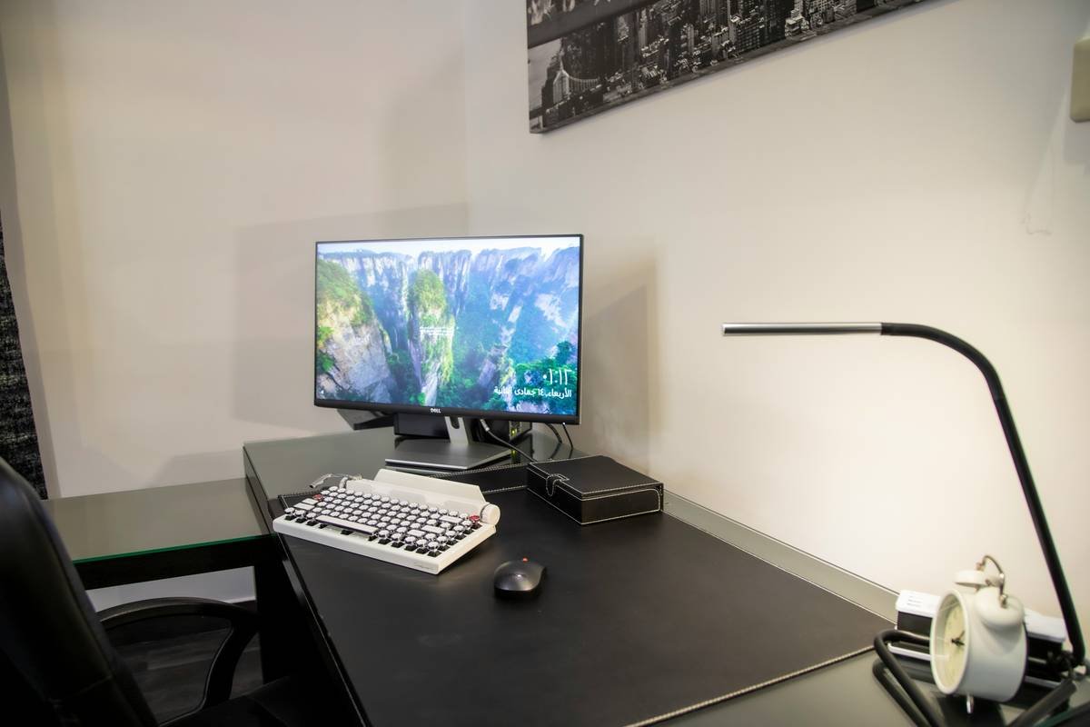 Mahrous Houses With Corner Office Designs and Space Saving Furniture Placement Ideas . Computer Desk Design. Home Office Desk. Computer Desk Home Office Table Workstation Modern. Dell Computer. Office Furniture And Accessories For The Home Office. Dell 27 LED LCD Monitor. Desk Lamp with USB Charging Port.